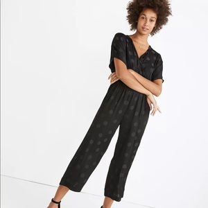Madewell Petite Wrap-Front Smock-Waist Jumpsuit in Dot Jacquard Large Black